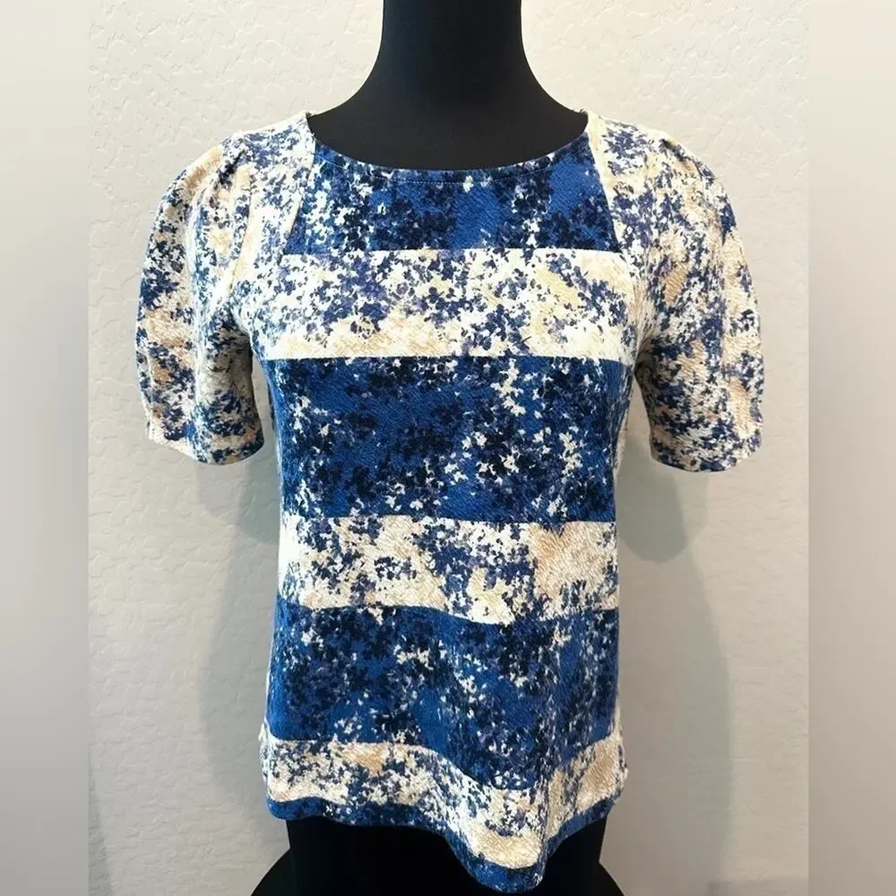 ANTHROPOLOGIE | Postmark Blue Beige Abstract Floral Puff Sleeve Blouse | Small